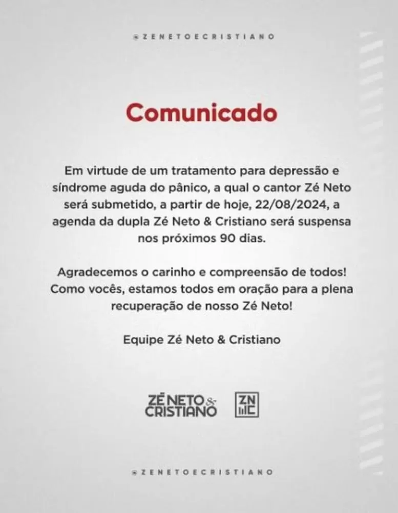 Comunicado da dupla Zé Neto e Cristiano — Foto: Reprodução