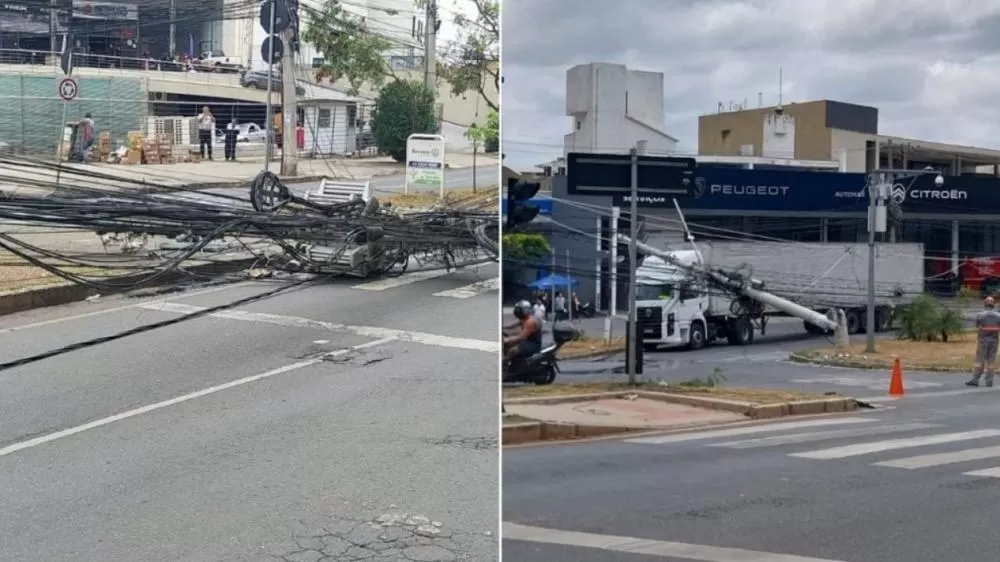 Carreta derruba três postes e interdita avenida Barão Homem de Melo, no Estoril