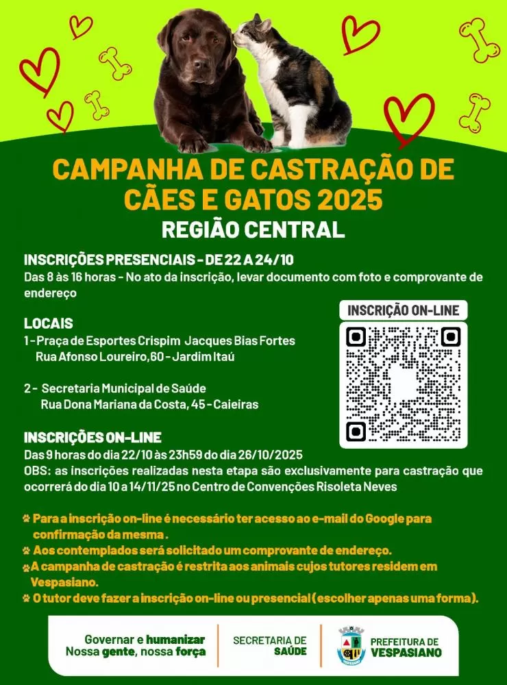 Prefeitura de Vespasiano abre inscrições para campanha de castração de cães e gatos