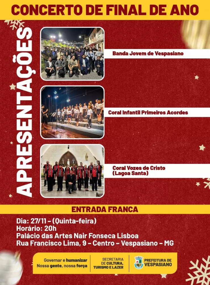 Concerto de fim de ano reúne atrações musicais no Palácio das Artes de Vespasiano