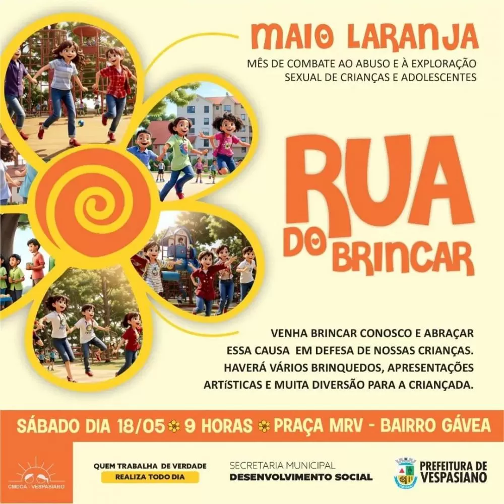 Prefeitura de Vespasiano promove o evento 'Rua do Brincar' em defesa da causa do Maio Laranja