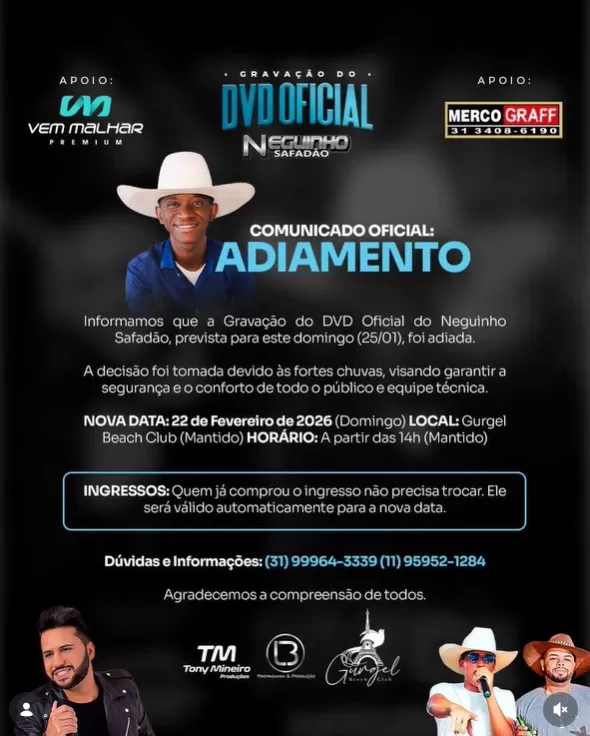 Gravação do DVD de Neguinho Safadão é adiada e tem nova data definida