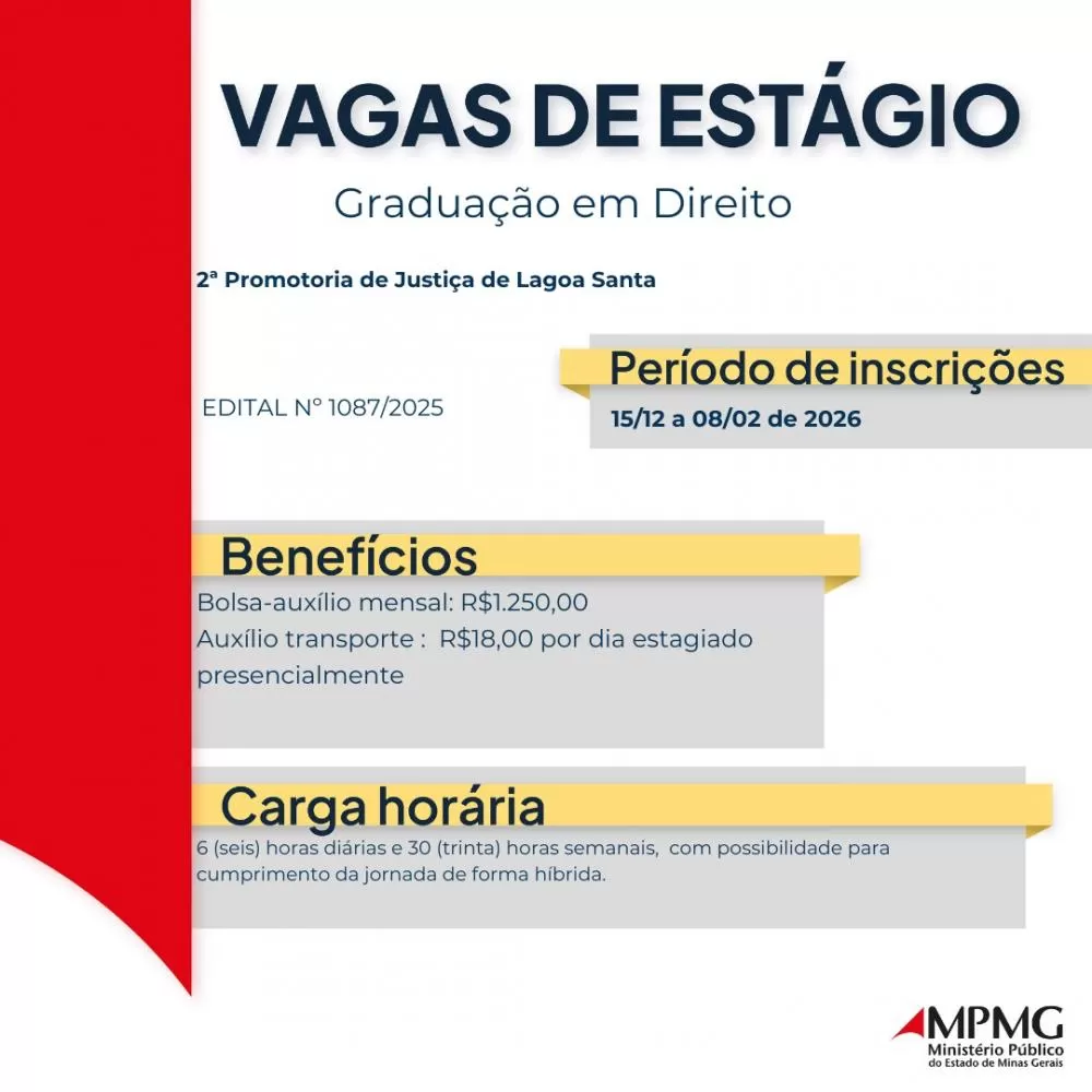 MPMG abre processo seletivo para estágio em Direito em Lagoa Santa