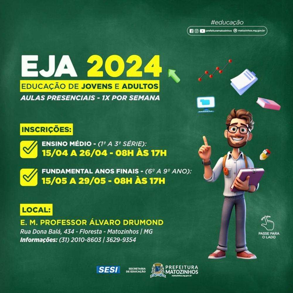 Inscrições abertas para novas turmas do Projeto Educação para Jovens e Adultos (EJA) de Matozinhos