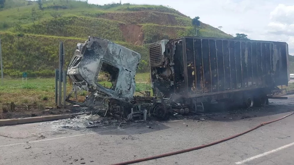 Caminhão carregado com alimentos tem pane elétrica e pega fogo na MGC-262