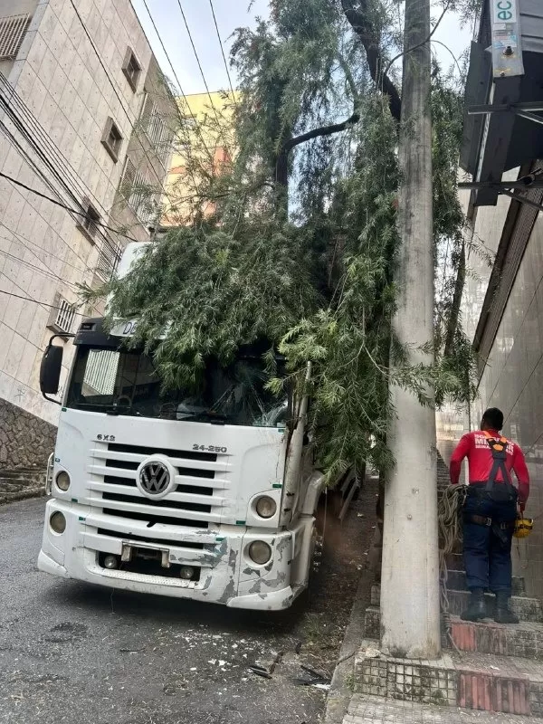 Caminhão desgovernado atinge veículos estacionados em rua do bairro Santo Antônio, em Belo Horizonte
