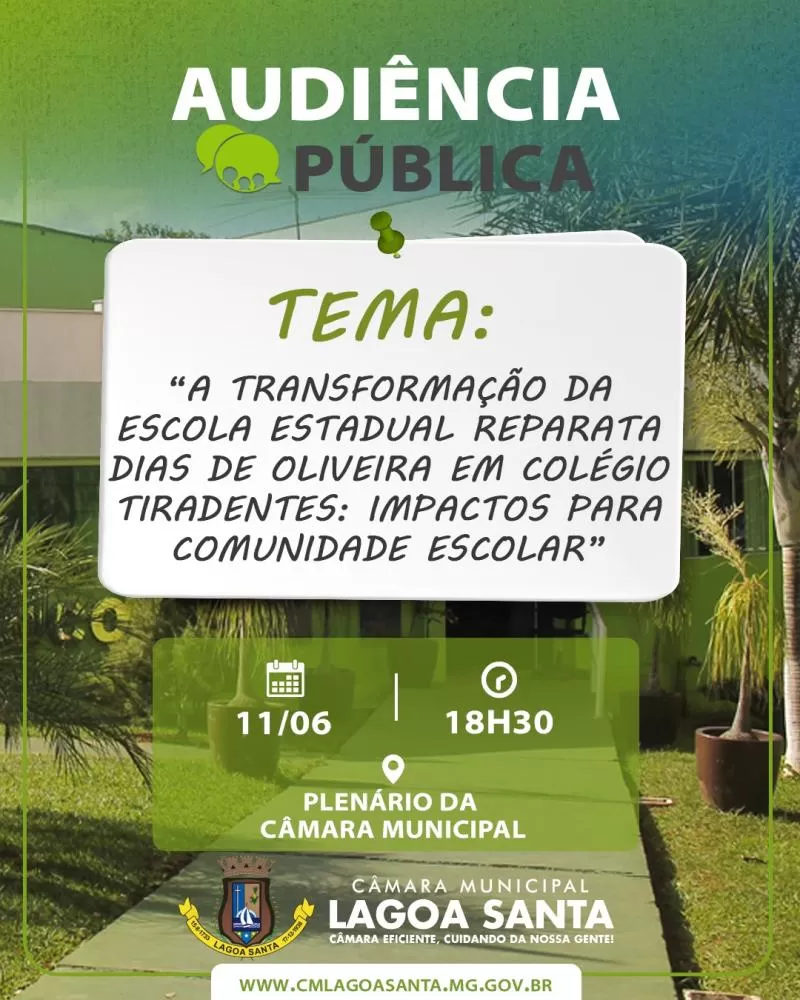 Câmara de Lagoa Santa promove audiência pública sobre possível implantação do Colégio Tiradentes