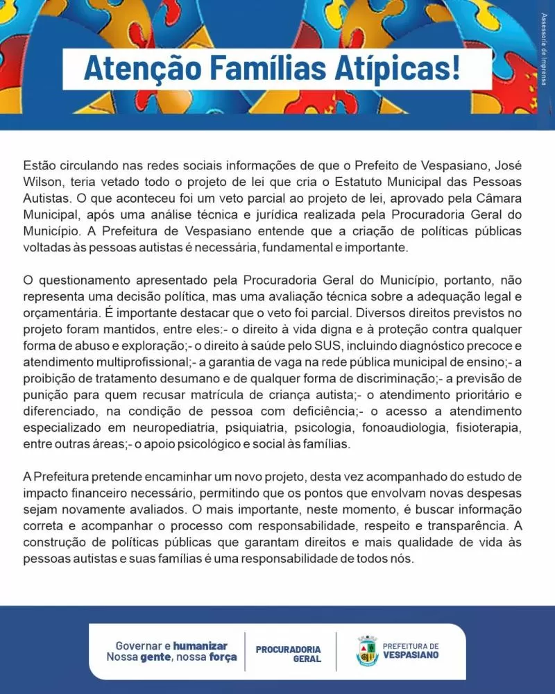Prefeitura de Vespasiano esclarece veto parcial a projeto que cria Estatuto Municipal das Pessoas Autistas