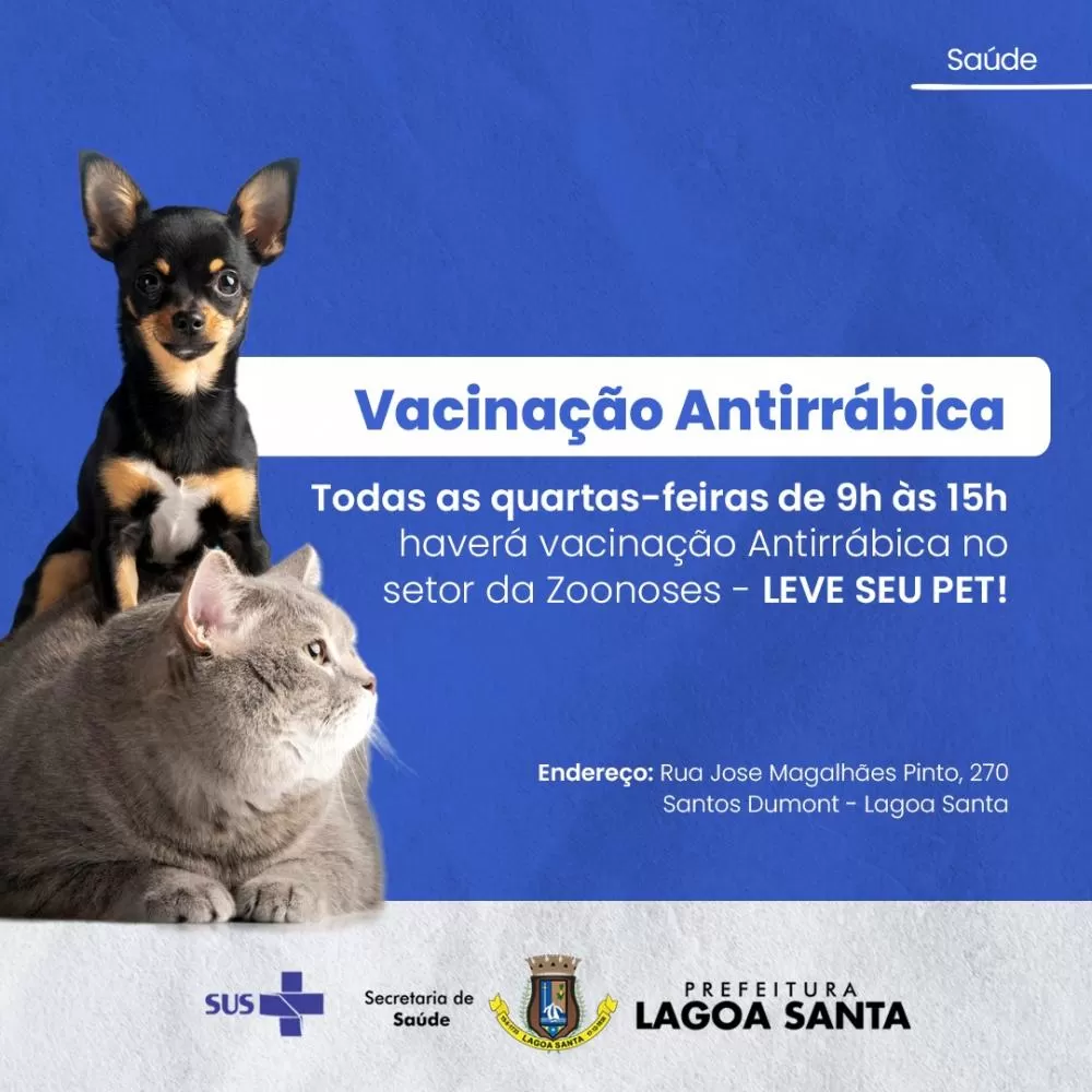 Prefeitura de Lagoa Santa promove campanha de vacinação antirrábica para cães e gatos