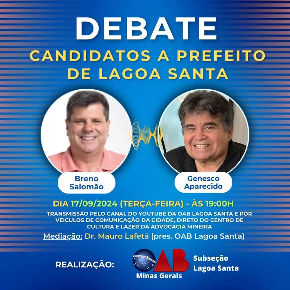 Debate entre candidatos à Prefeitura de Lagoa Santa será realizado em 17 de setembro com transmissão ao vivo pelo Portal Impactto