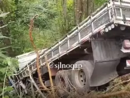 Motorista fica preso nas ferragens após caminhão despencar de ribanceira na MG-424