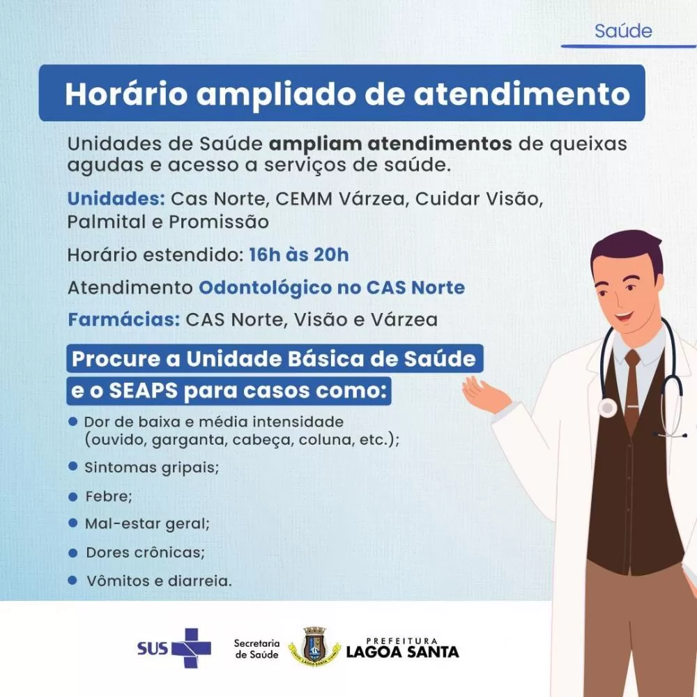 Secretaria de Saúde de Lagoa Santa amplia horários de atendimento nas Unidades Básicas de Saúde