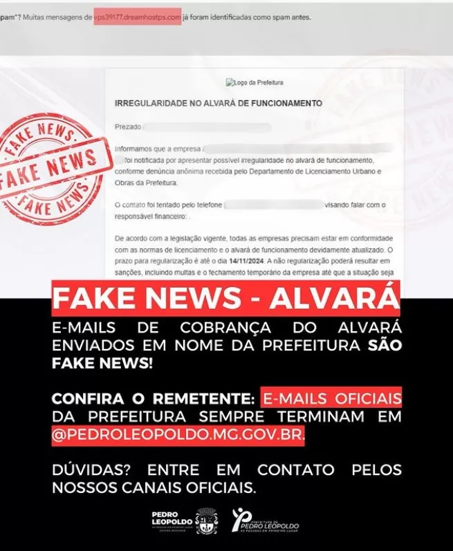 Prefeitura de Pedro Leopoldo alerta para golpe de cobranças falsas por e-mail