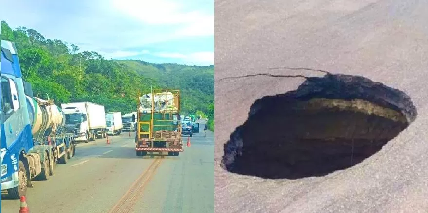 Cratera na BR-381 causa lentidão no trânsito e transtornos em Sabará