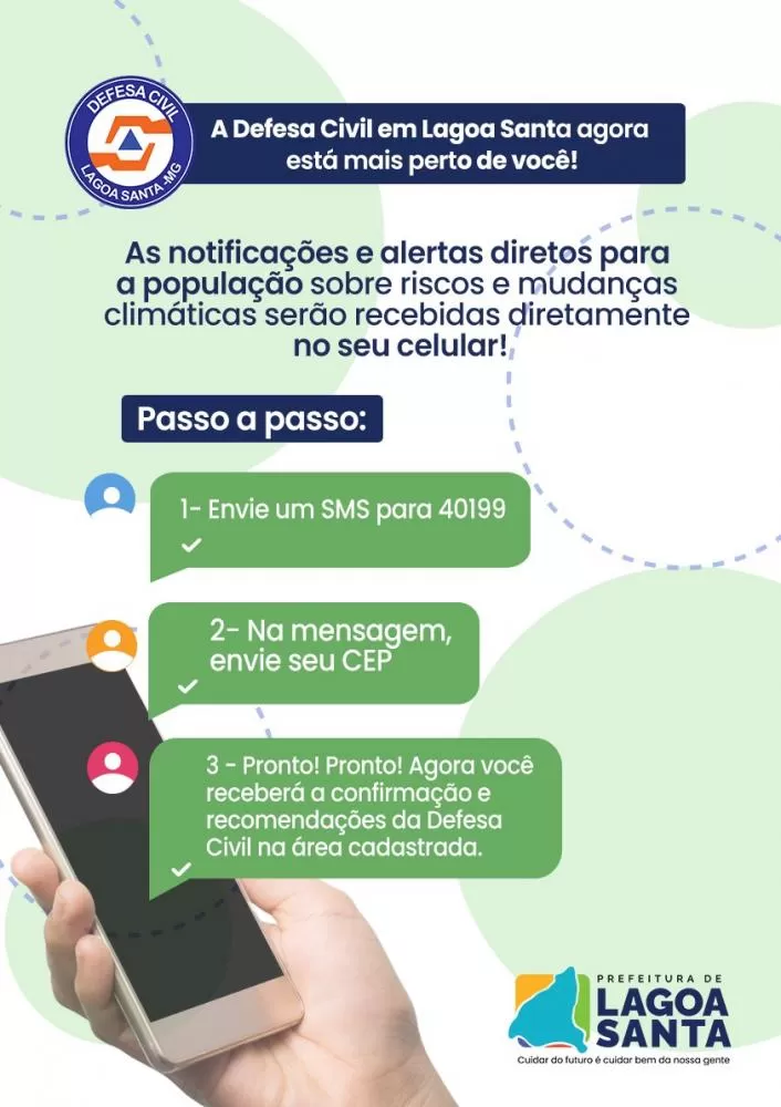 Sistema de alerta por SMS da Defesa Civil também está ativo para Lagoa Santa