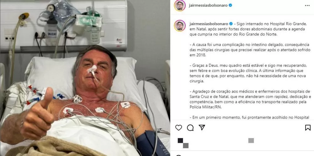 Bolsonaro é internado em Natal com complicação intestinal e diz estar estável
