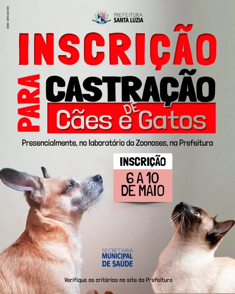 Prefeitura de Santa Luzia abre Inscrições para castração de cães e gatos