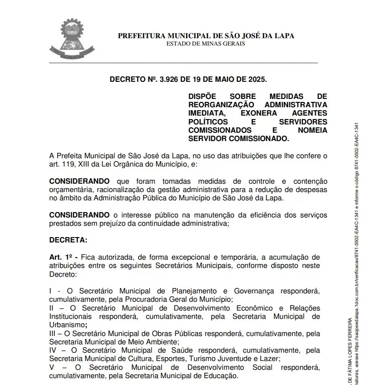 Prefeitura de São José da Lapa impõe corte de gastos e salários para enfrentar colapso financeiro