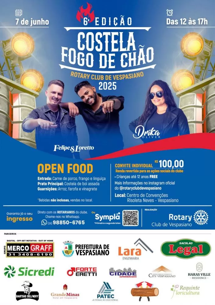 Rotary Club de Vespasiano promove a 6ª Costela Fogo de Chão com música ao vivo e comida à vontade