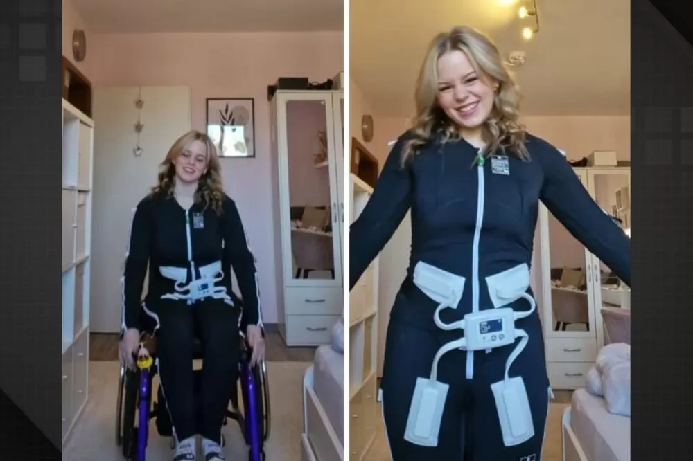 Jovem cadeirante emociona ao voltar a andar com traje tecnológico