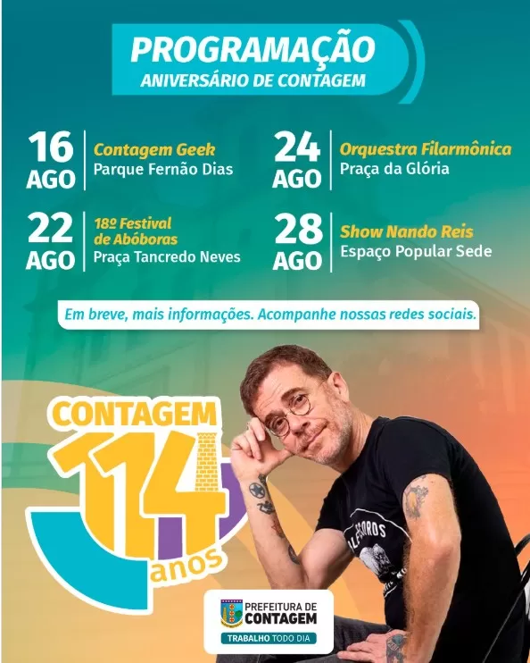 Contagem celebra 114 anos com programação cultural e show de Nando reis 