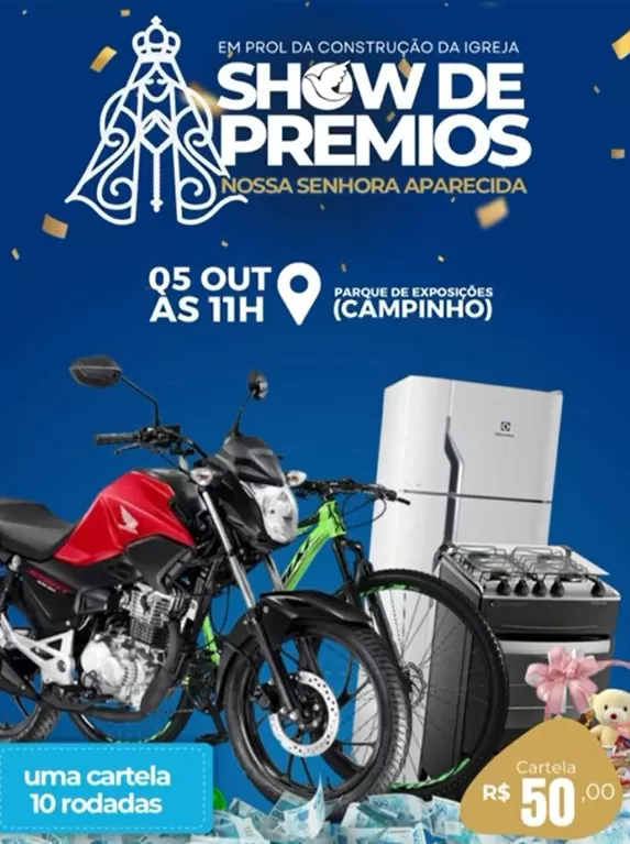Lagoa Santa terá Show de Prêmios em prol da construção da Igreja da Mãe Aparecida