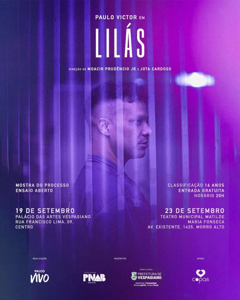 Paulo Victor retorna ao Palácio das Artes de Vespasiano com o monólogo “Lilás”